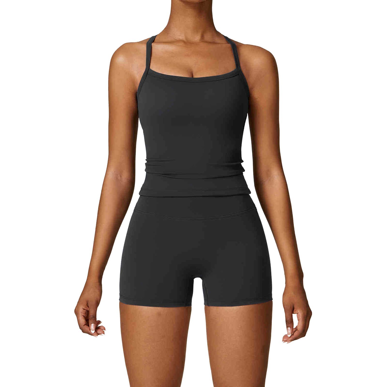 Conjunto de yoga de 2 piezas para mujer: camiseta sin mangas con espalda descubierta y pantalones cortos. Tejido transpirable, tirantes modernos, ideal para fitness/verano, varias tallas.